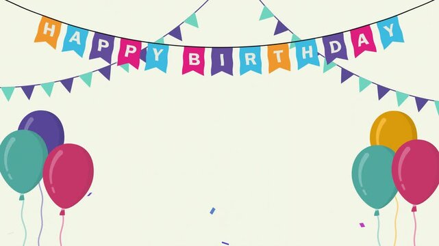 Happy birthday flag banner animation with confetti and balloon. Birthday party animation background, 4k video