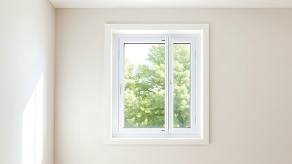 Fototapeta premium pvc. Modern white PVC window installed in a residential room, allowing natural daylight to fill the neutral interior space. real-estate listings. 