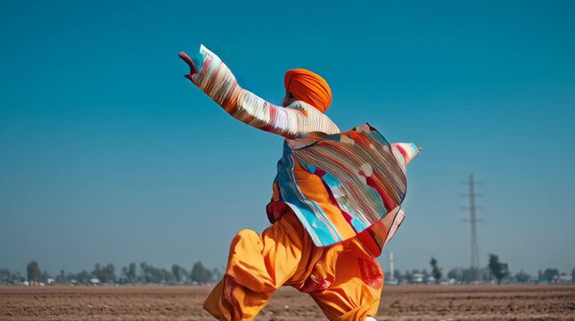 Colorful Traditional Punjabi Dancer Performing Bhangra Dance During Mesha Sankranti Festival Celebration