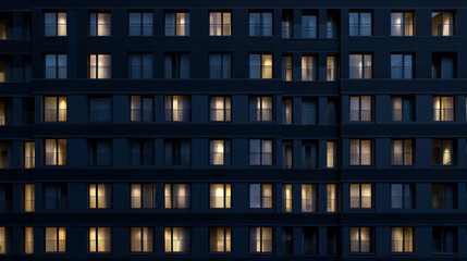 Obraz premium Apartment building facade with illuminated windows at night represents urban living and residential architecture. 
