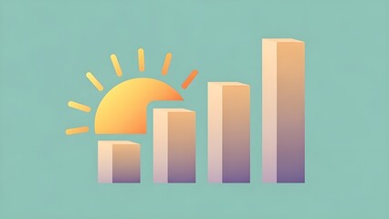 An illustration of a bar chart with a rising sun, symbolizing business growth, positive trends, success, and new opportunities. The graphic uses a modern, gradient style with a teal background. 