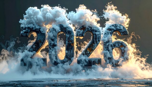 Metallic "2026" emerges from billowing grey clouds against a smokey backdrop - Powered by Adobe