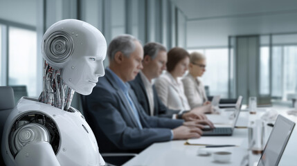 A humanoid robot works alongside professionals in a modern office, representing human and AI collaboration.
