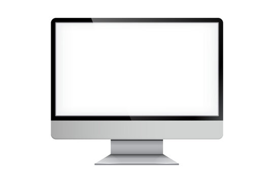Modern silver desktop computer monitor mockup standing front view, clean professional office vibe, realistic isolated vector illustration on transparent background