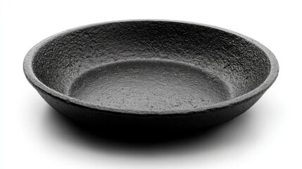 Black cast iron dish on white background, cooking preparation