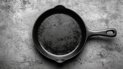 Empty cast iron skillet on textured surface, cooking preparation, overhead view, rustic background, food blog