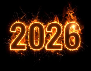 Fiery 2026 digits with flames and sparks against a black backdrop