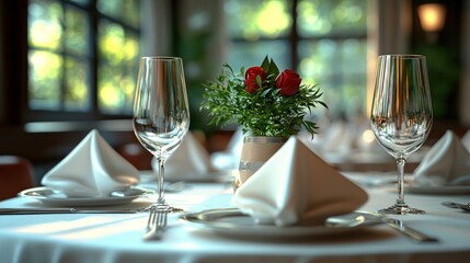 Elegant restaurant table setting, roses centerpiece, window background, fine dining