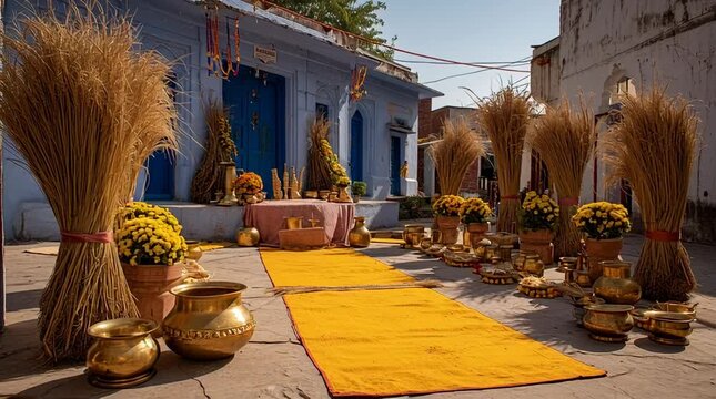 Traditional Mesha Sankranti Festival Setup with Decorative Wheat Bundles and Floral Arrangements in a Hindu Village