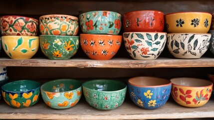 collection of hand-painted ceramic bowls from Mexico, stacked on a rustic wooden shelf, vibrant folk art, cultural and , detailed craftsmanship, natural light.