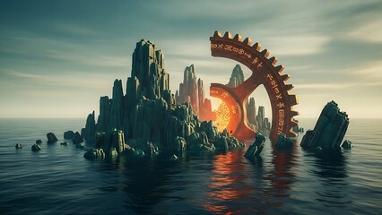 A surreal landscape of a rocky island fused with a large, glowing mechanical gear.