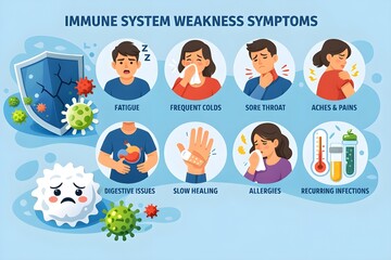 Immune System Weakness Symptoms White Blood Cells and virus Icons flat vector 