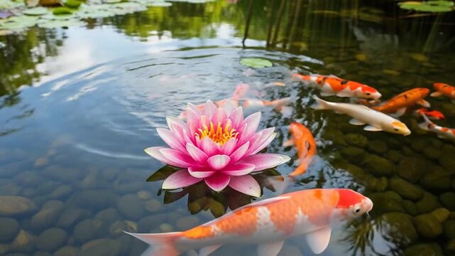 Vibrant Koi Fish Swimming Around Pink Lotus Flower in Pond
