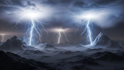 A powerful thunderstorm with bright lightning strikes over a foggy mountain landscape under a dark, dramatic sky.