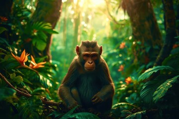 A monkey is standing in a jungle with orange flowers in the background