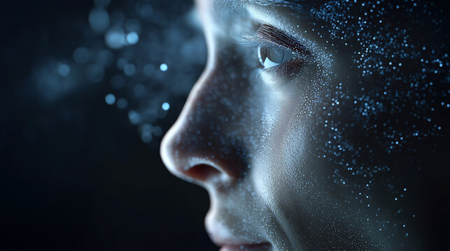 Side profile of a human face emerging from glowing particles, symbolizing artificial intelligence, digital consciousness, and human–technology fusion.
 - Powered by Adobe