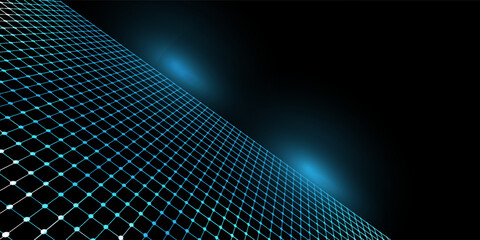 Futuristic Blue Grid Mesh Over Black Background With Neon Glow And Digital Pattern