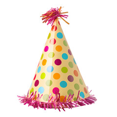 Polka dot party hat with tinsel trim, transparency and isolated subject