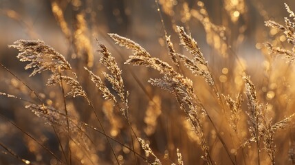 Frost covered tall grass stalks illuminated by golden hour sunlight winter nature