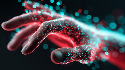 Futuristic human hand glowing with digital particles represents artificial intelligence energy and technological interaction.
