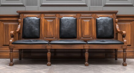 A detailed image of an antique wooden bench with three black leather seats