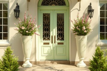 The front door of a house is framed by two large potted plants