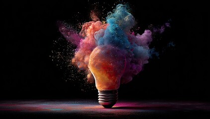 A lightbulb bursts with colorful powder, set against a black backdrop, showcasing vibrant explosion