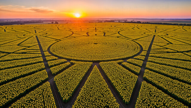 Aerial view of a vast sunflower field arranged in intricate geometric patterns under a beautiful sunset sky.