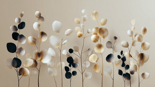 Elegant illustration of ornamental branches with delicate, layered leaves against a warm backdrop, evoking a sense of tranquility and understated beauty.