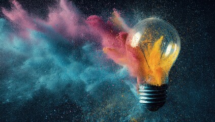 A lightbulb bursts open releasing colorful clouds of powder against a dark background
