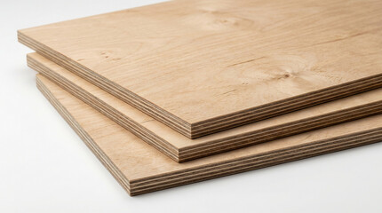 Close-up of stacked light plywood sheets with visible grain on a clean white background. Ideal for construction, DIY, or woodworking projects