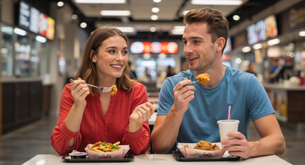Young couple eating fried chicken and fries in a fast food restaurant. Happy man and woman having lunch together. Social interaction and casual dining concept