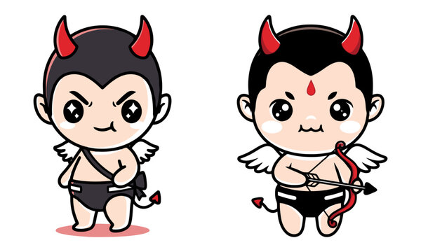Chibi evil cupid characters: mischievous devil with bow and arrow