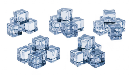 Set of transparent ice cubes arranged in a scattered pattern on a transparent background for cold beverage or ice theme