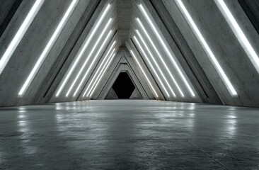 Obraz premium Futuristic, geometric tunnel with bright linear lights, concrete textures, and a dark opening