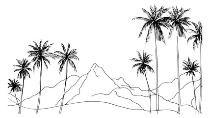 Hand drawn line art tropical landscape set featuring palm trees and mountains for summer vacation designs