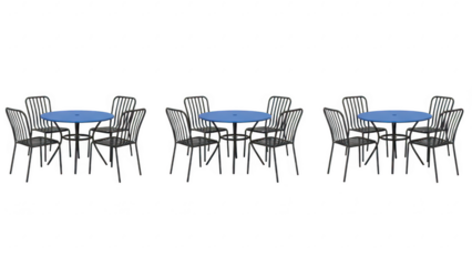 Modern round dining table with black wire chairs arranged in a circle on a transparent background for social gathering or meeting