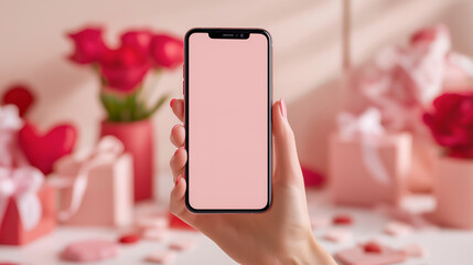 バレンタインギフトに囲まれた手持ちスマートフォンの空白画面モックアップ