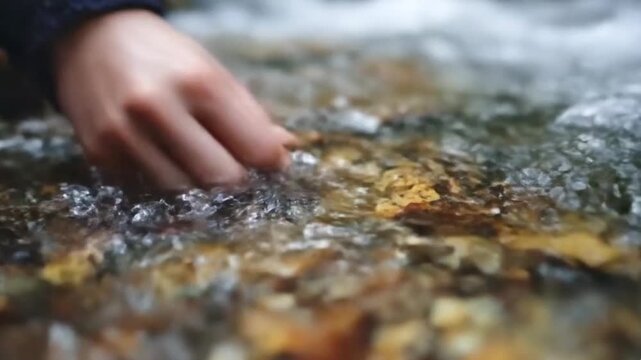 A calming close-up reveals a human hand gently immersed in crystal-clear, flowing water, fingers delicately tracing the cool current over smooth riverbed stones. This peaceful and tactile interaction 