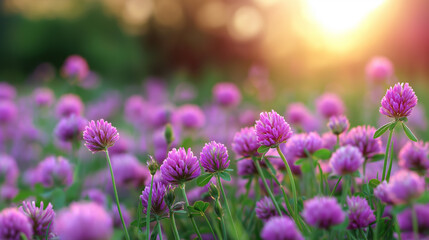 Obraz premium Purple clover flowers blooming in a sunlit meadow, symbolizing nature, growth, and peaceful spring scenery. 