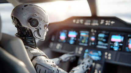 Humanoid AI robot operating advanced control panels inside a futuristic cockpit, symbolizing autonomous systems, artificial intelligence control, and high-tech navigation.

