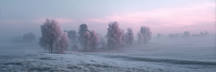 Frosted trees in a misty pink dawn landscape with icy grass winter sunrise