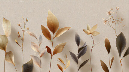 An artistic botanical composition featuring delicate leaves and flowers in neutral tones. This elegant floral arrangement showcases various plant life forms and textures.