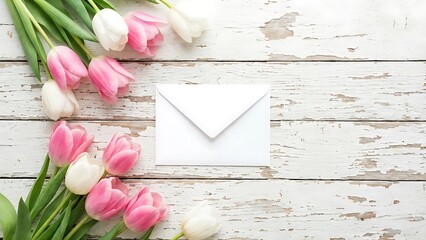 Beautiful pink and white tulips border a rustic wooden background with a delicate white envelope, perfect for spring greetings or heartfelt messages