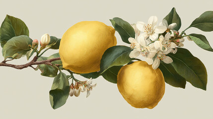 A vibrant illustration showcases lemons, blossoming flowers and leaves. The intricate details of this botanical artwork evoke a sense of freshness and natural beauty. 