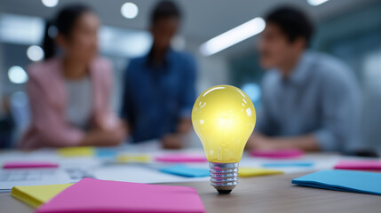 Light bulb on a table during a business brainstorming meeting, symbolizing ideas, innovation, creativity, and collaborative thinking.
