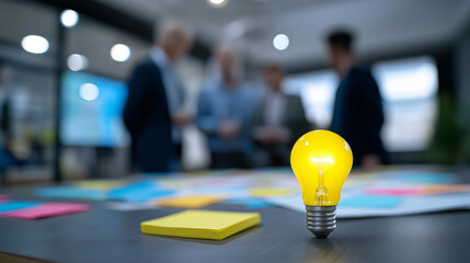 Light bulb on a table during a business brainstorming meeting, symbolizing ideas, innovation, creativity, and collaborative thinking.
