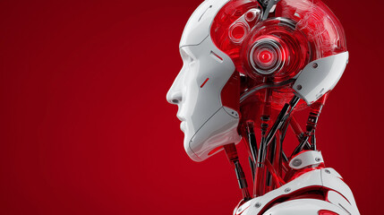 Side profile of a futuristic humanoid robot with glowing red cybernetic components against a dark red background, symbolizing artificial intelligence power and advanced technology.
