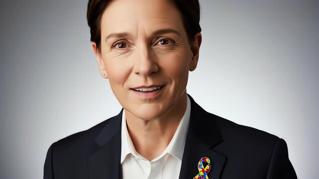 Mature woman honors world autism day with ribbon on blazer, respectful portrait for autism awareness campaigns, social media, presentations.