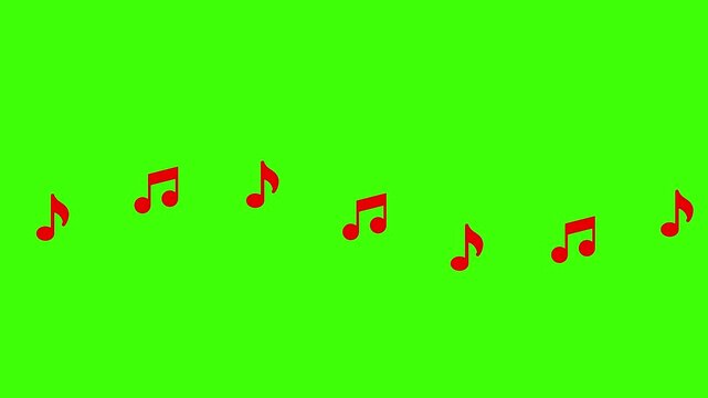 Red musical notes floating across green screen background in dynamic animation